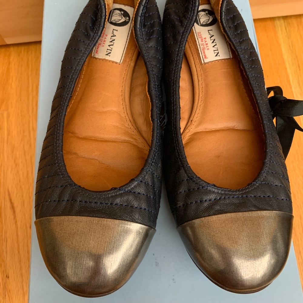 Lanvin Navy Embroidered Flats with Silver Cap Toe